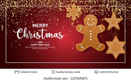 Gingerbread cookies and text on red banner. Traditional Christmas decorative treat. New Year holiday background template.