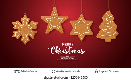 Gingerbread cookies and text on red banner. Traditional Christmas decorative treat. New Year holiday background template.