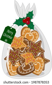 Gingerbread cookies in a transparent bag. Christmas sweet gift. Vector illustration. For creating prints, cards, invitations, banners, price tags, covers and other designs.