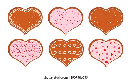 Galletas de pan de jengibre para el juego de caricaturas del día de San Valentín. El postre de febrero se prepara en forma de glaseado rosa decorado con corazón. La pastelería como símbolo de las vacaciones románticas. Bocadillo de jengibre festivo. Ilustración vectorial aislada