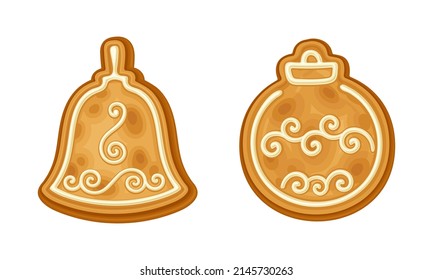 Gingerbread cookies of various shapes set. Baked festive biscuits in icing sugar cartoon vector illustration