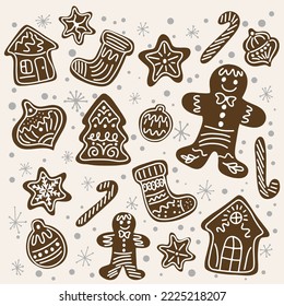 Gingerbread cookies of various shapes in snowflakes, postcard design, festive mood, handmade, illustration on a cream background