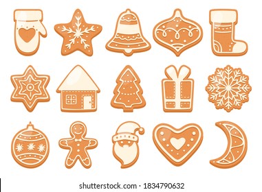Lebkuchen. Vektorgrafik-Set von Weihnachtsgingerbrot mit Glasur einzeln auf Hintergrund.Weihnachtsbehandlungen mit Weihnachtsmütze, Schneeflocken, Halbmond, Lebkuchenmann, Glocke, Geschenk, Stern, Herz