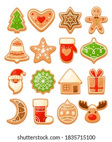 Gingerbread Cookies. Vector cartoon set of colorful Christmas gingerbread with glaze isolated on background.Christmas treats with Santa's house, snowflake, crescent, gingerbread man, bell, present