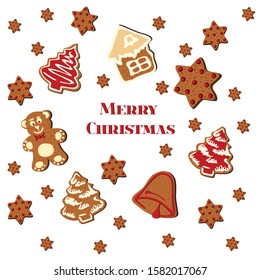 Gingerbread cookies vector frame. Food dessert decoration christmas, sweet ginger and biscuit illustration. White background.