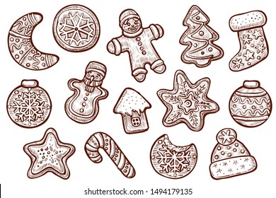 Gingerbread cookies vector, line drawings. Christmas ginger cookies, sweet holiday dessert isolated on white background. Icing gingerbread man, house, star, fir tree, ball, candy cane, stocking, moon.