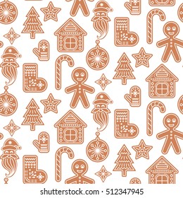 Gingerbread cookies vector seamless pattern. Christmas traditional ginger cookie figures for holiday treat. Xmas biscuit with cream decoration.
