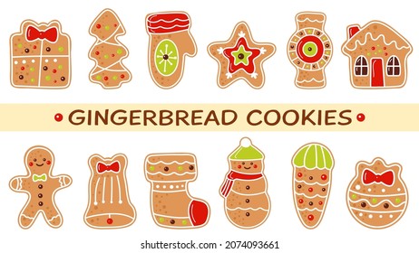 Gingerbread cookies vector set. Different shaped sweet treat for Christmas. Cute colored isolated elements on white background.