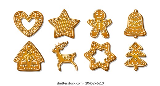 Galletas de jengibre de Navidad. Pasteles caseros de invierno en forma de casa y hombre de pan de jengibre, árbol y reno, estrella y copo de nieve, campana de jingle y corazón. Ilustración del vector de dibujos animados