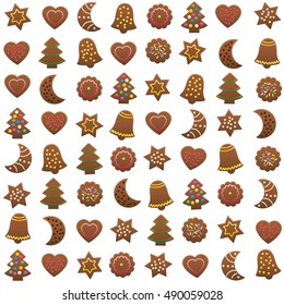 Gingerbread cookies xmas pattern - isolated vector illustration on white background.