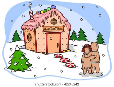 A gingerbread couple in front of their home.