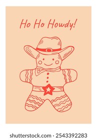 Gingerbread in a cowboy hat holiday card. Western Christmas hand drawn line art vector illustration.