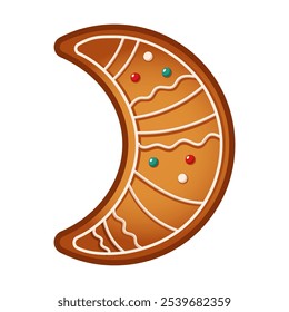 Gingerbread crescent moon biscuit with sweet glaze flat color vector object. Homemade cookie for Christmas party illustration on white background