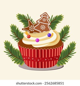 Gingerbread Cupcake and Fir Leaves on Pastel Yellow Background for Merry Christmas Festival.