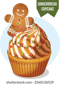 Gingerbread Cupcake with Frosting, Colorful Sprinkles and Gingerbread Man Toppings. Christmas Cake Isolated 