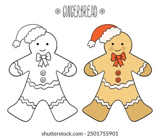 Gingerbread cute christmas character, vector illustration on christmas, religious theme, coloring book page for kids and coloring example, Merry Christmas.