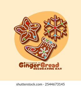 Gingerbread Decorating Day to celebrate on December 12th. Ginger cookies shaped like stars, snowflakes and socks decorated with sugar cream and colorful candies.