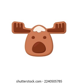 Gingerbread deer cookie. Vector illustration of sweet homemade snack with icing for winter holidays. Cartoon cute ginger biscuit of deer shape isolated on white background. Christmas, dessert concept