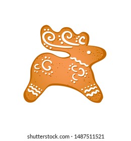 Gingerbread deer isolated on white background. Christmas handmade cooky icon. Winter holidays concept.Vector 10 EPS illustration.