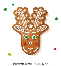 Gingerbread Deer Isolated on White. Christmas Cookie. Vector Illustration.
