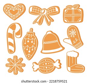 Gingerbread doodle flat icon set isolated on white background. Glazed traditional sweet food. Christmas decoration.