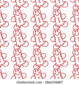 Doodle de pan de jengibre sin fisuras, vacaciones navideñas vectores de fondo blanco y rojo para tarjetas, banners, papel de envoltura, afiches, scrapbooking, almohada, tazas y diseño de tela. 