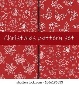 Gingerbread doodle seamless pattern set of 4, Christmas holidays season red background vector for cards, banners, wrapping paper, posters, scrapbooking, pillow, cups and fabric design. 