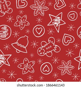 Gingerbread doodle seamless pattern vector, Christmas holidays season red background for cards, banners, wrapping paper, posters, scrapbooking, pillow, cups and fabric design. 