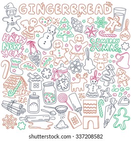 Gingerbread doodles set  Traditional Christmas cookies   ingredients for baking  Various shapes    heart  star  angel  girl   boy  house snowman  Christmas tree  snowflake  Isolated over white