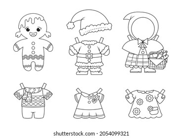 Gingerbread dress up paper toy. Cute gingerbread paper doll with clothes and fancy costume. Christmas and halloween paper toy.