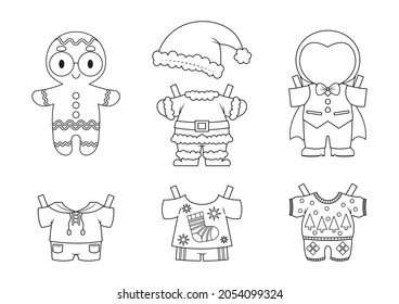 Gingerbread dress up paper toy. Cute gingerbread paper doll with clothes and fancy costume. Christmas and halloween paper toy.