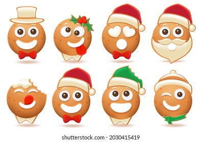 Gingerbread emoji christmas characters vector set. Christmas character gingerbread emojis like santa claus, snow man and elf cookie biscuit design for xmas holiday collection. Vector illustration. 
