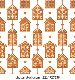Gingerbread. European-style houses, decorated with icing. Seamless pattern in the form of a garland of traditional holiday cookies. For wallpaper, printing on fabric, wrapping, background