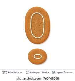 Gingerbread exclamation sign isolated on white. Traditional Christmas cookie. Editable vector font element.