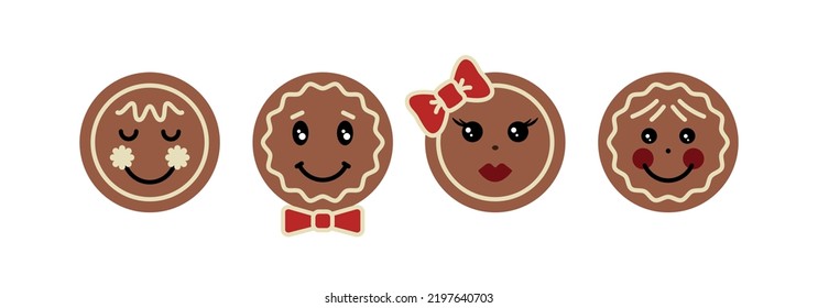Gingerbread faces with different emotions and accessories Christmas cookies Winter cartoon characters