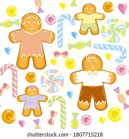 Gingerbread family and caramel sweets seamless pattern.