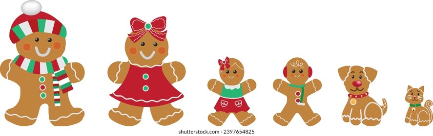 Gingerbread family: father, mother, daughter, son, children, dog, cat, pets. Vector illustration.