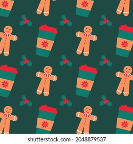 Gingerbread. Festive background with cookies, cups and berries. Vector illustration in flat style