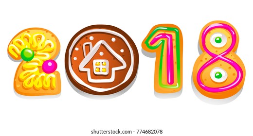 Gingerbread figures. Number 2018 made of cookies. New Year winter card. Vector illustration