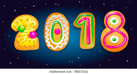 Gingerbread figures. Number 2018 made of cookies. New Year winter card. Vector illustration