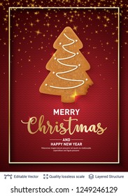 Gingerbread fir tree cookie on red banner. Traditional Christmas decorative treat. New Year holiday background template.