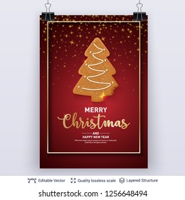 Gingerbread fir tree cookie on red banner. Traditional Christmas decorative treat. New Year holiday background template.