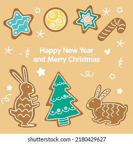 Gingerbread flat hand drawn illustration. Ideal for wallpaper, textile, backdrop. Holiday new year Christmas style Scandinavian background. Rabbits and Christmas tree.