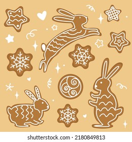 Ilustración dibujada a mano con pan de jengibre. Ideal para papel pintado, textil, fondo. Año nuevo de vacaciones estilo Navidad antecedentes escandinavos. Conejos y copos de nieve.