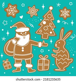 Gingerbread flat hand drawn illustration. Ideal for wallpaper, textile, backdrop. Holiday new year Christmas style Scandinavian background. Santa Claus with presents and Rabbit.