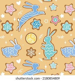 Gingerbread flat hand drawn seamless pattern. For wallpaper, textile, backdrop. Holiday new year Christmas style Scandinavian background. Rabbits and Snowflakes.