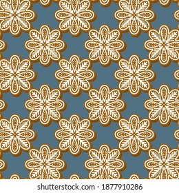 gingerbread flower shaped cookies with sugar icing in regular rows winter season Christmas time colorful vector seamless pattern on dark background