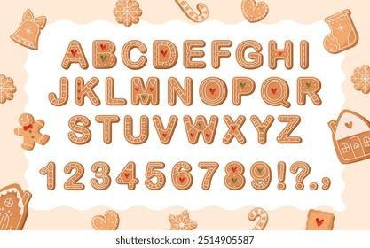 Gingerbread font. Festive design of Christmas letters and numbers. Bakery alphabet. Alphabet for Christmas decor or seasonal quotes.