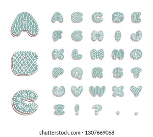 Gingerbread font with icing, alphabet from the letter glaze, white to blue, EPS 10 vector illustration