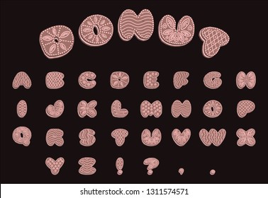 Gingerbread font with icing, alphabet from the letter glaze, white to brown on a black background, EPS 10 vector illustration